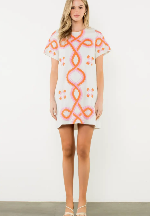 Embroidered Short Sleeve Mini Dress