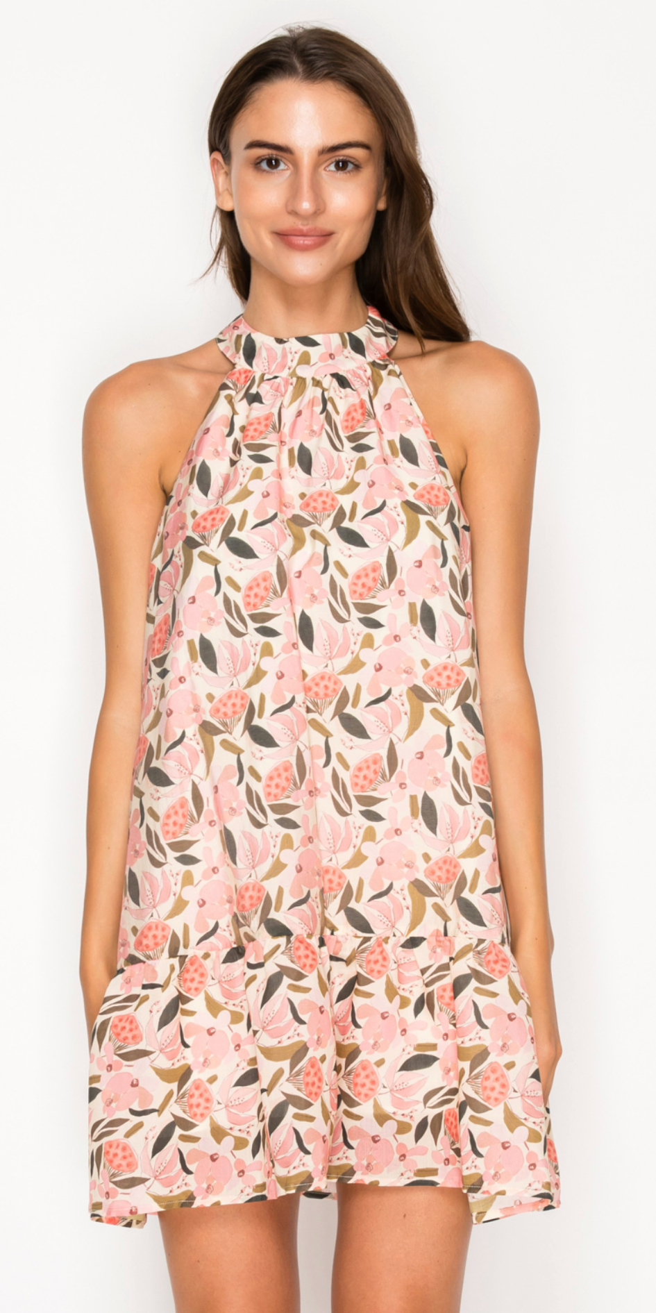 Pink and green halter mini dress