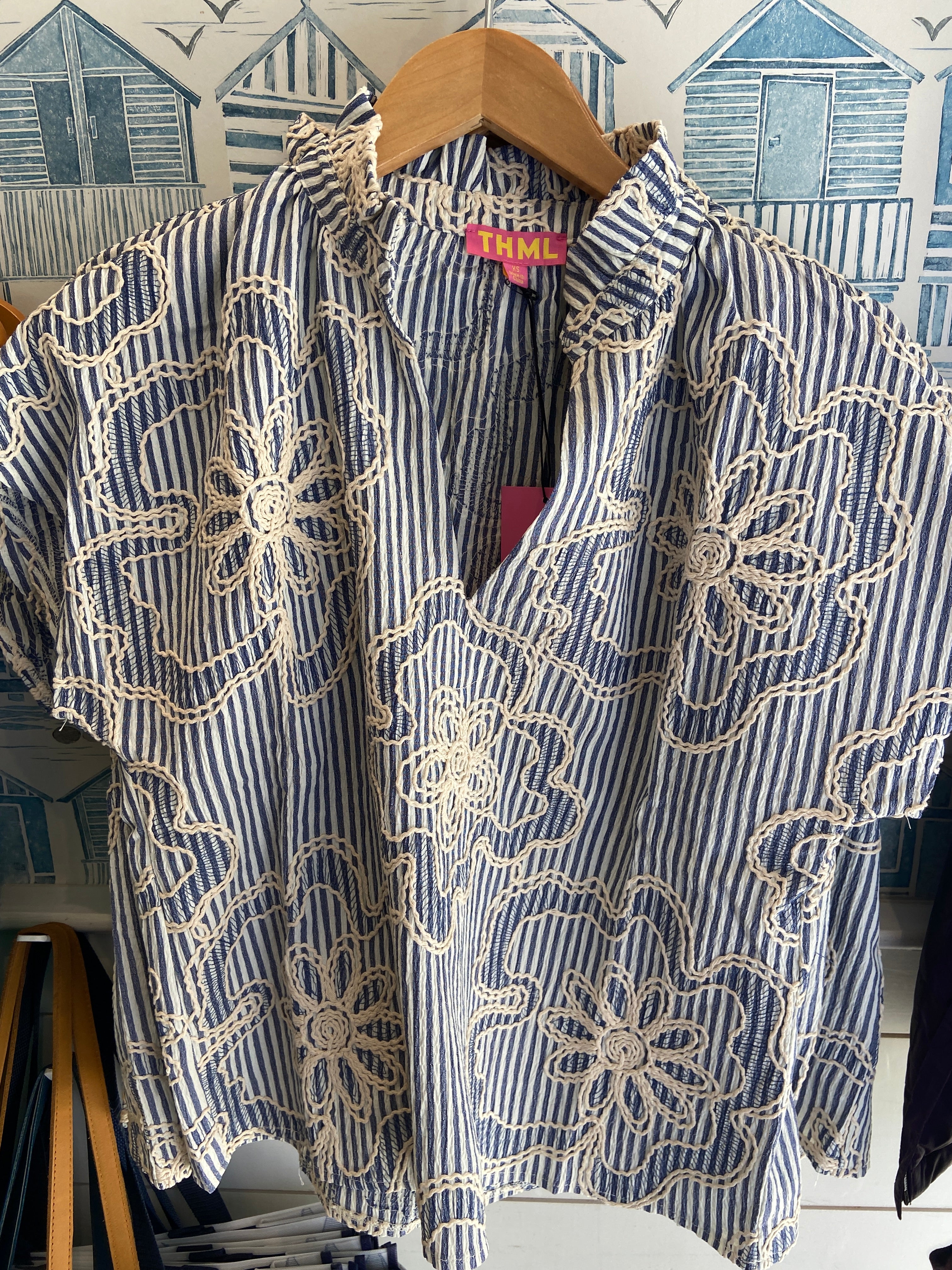 Blue Stripe Floral Embroidered Top