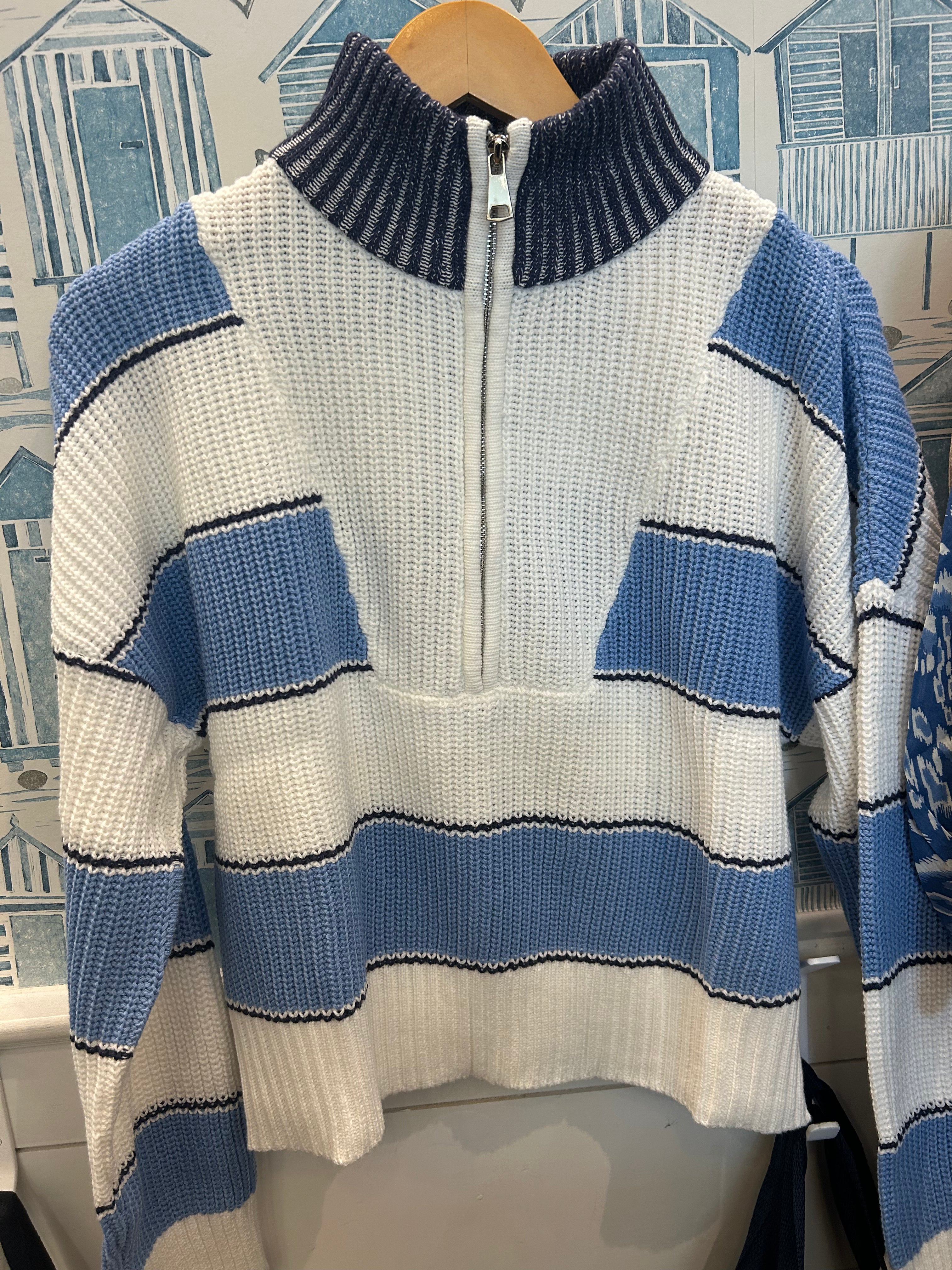 Ligh Blue 1/4 Zip Stripe Sweater