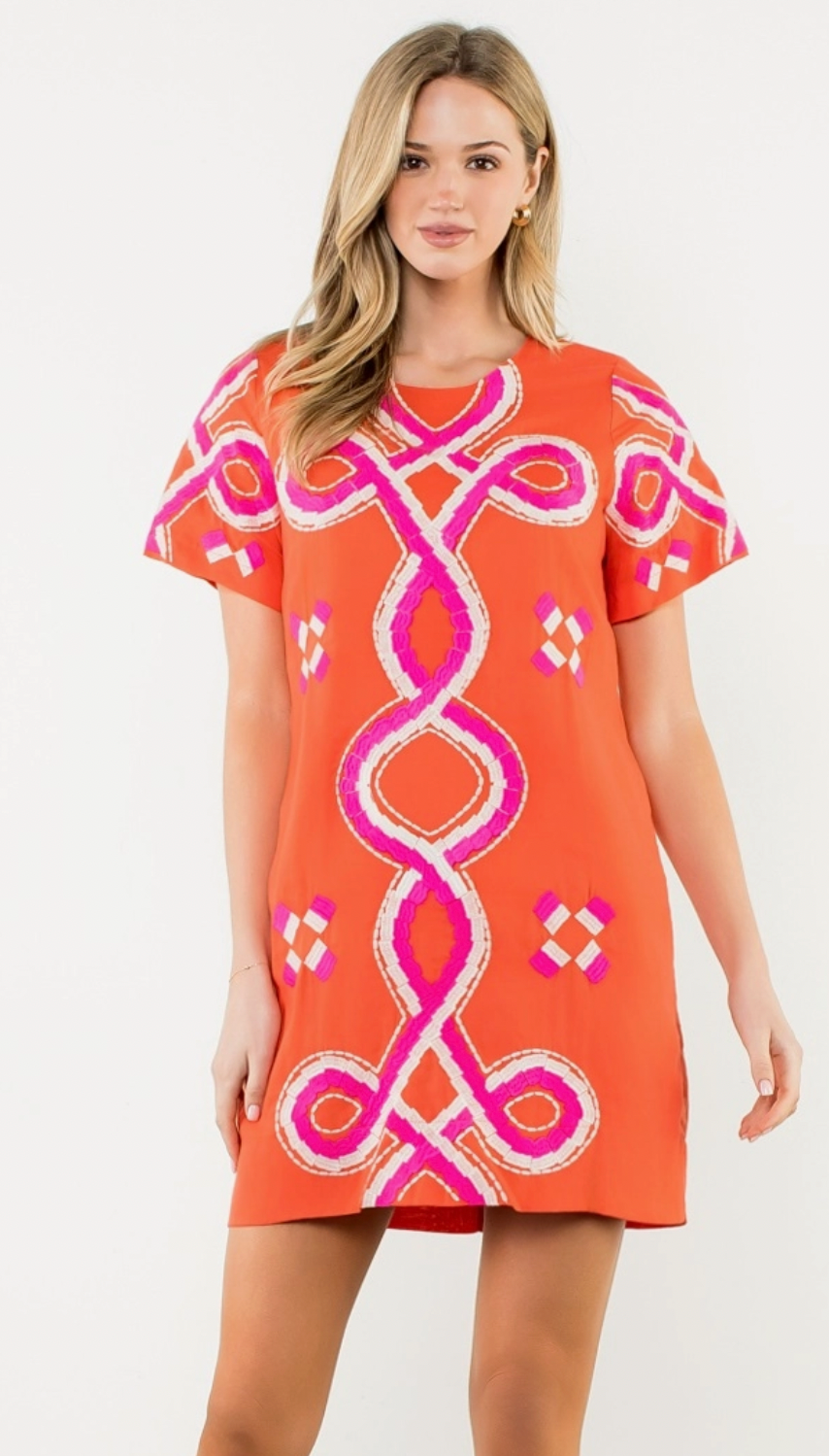 Embroidered Orange/Hot Pink Mini Dress