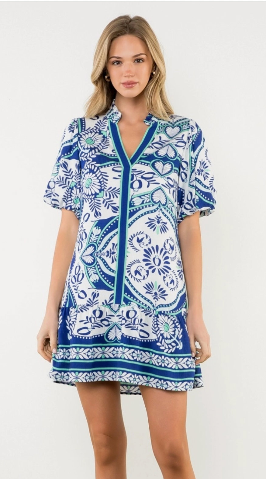 Puff Sleeve Blue and Green Mini Dress
