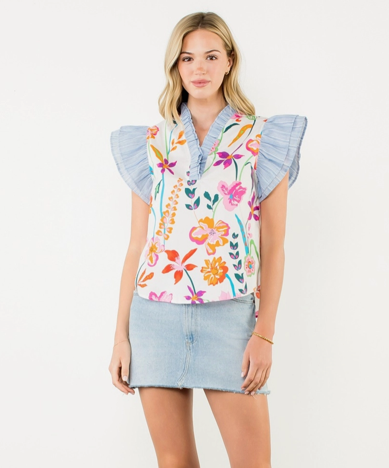 Ruffle Sleeve Floral Contrast Top