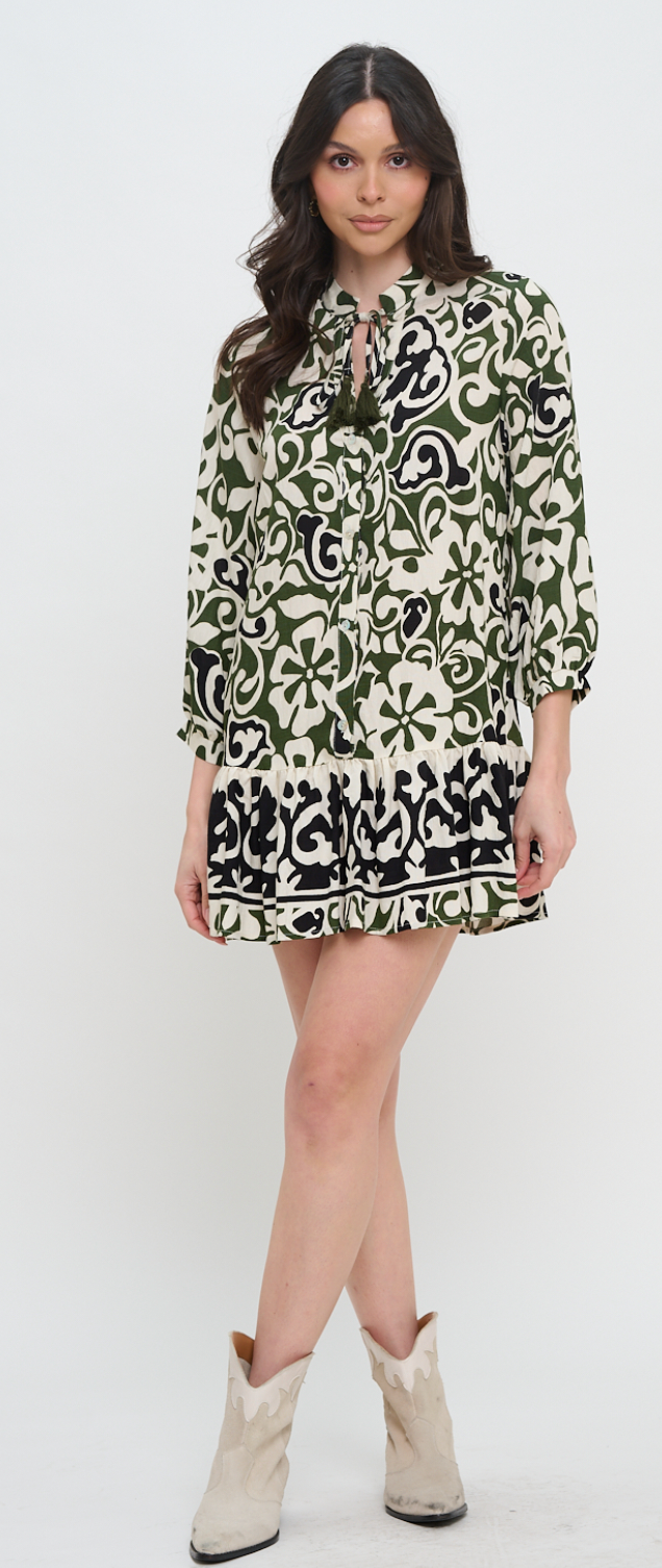 Olive Scroll Short Dress