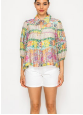 Multi-color collar blouse 3/4 sleeves